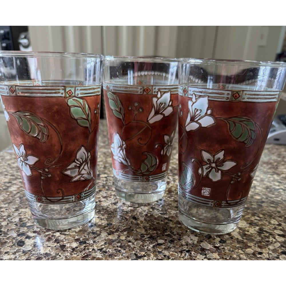 Vintage Pfaltzgraff Mission Flower Set of 3 Tumblers Glasses USA Retired